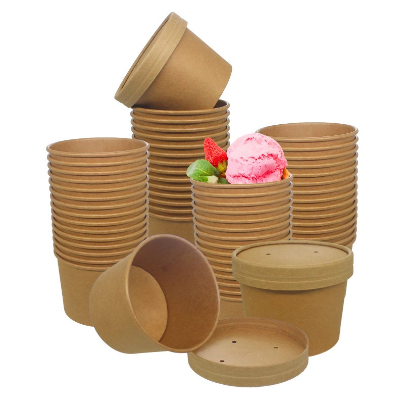 Belinlen Paper Ice Cream Cups with Paper Lids HotCold Soup Cups with Lids Kraft 50 12 oz