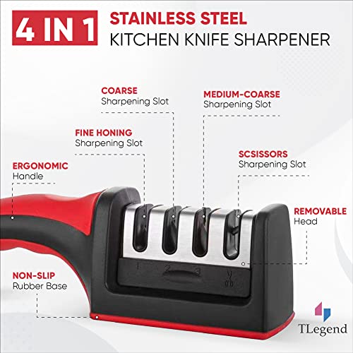TechnoLegend Knife Sharpeners for Kitchen Knives– Stainless Steel 4 in1 Kitchen Knife Sharpener – Ergonomic and Easy to Use Knife Sharpening Kit with 4 Stage Sharpening Slots - Image 2
