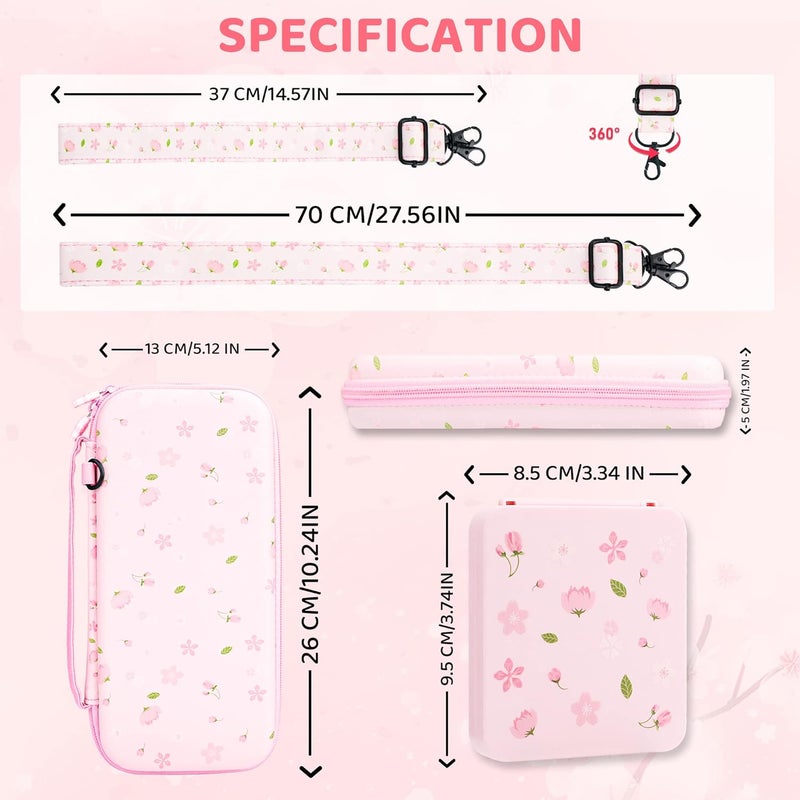 GLDRAM Pink Sakura Carrying Case Bundle for Nintendo Switch & OLED, Elegant Switch Travel Case Protector for Girls, Accessories Kit with Shoulder Strap, Cherry Blossom Game Card Holder & Thumb Caps - Image 5