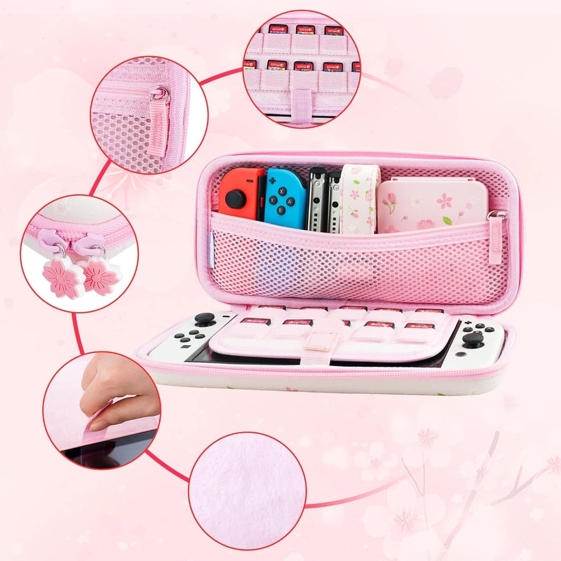 GLDRAM Pink Sakura Carrying Case Bundle for Nintendo Switch & OLED, Elegant Switch Travel Case Protector for Girls, Accessories Kit with Shoulder Strap, Cherry Blossom Game Card Holder & Thumb Caps - Image 2