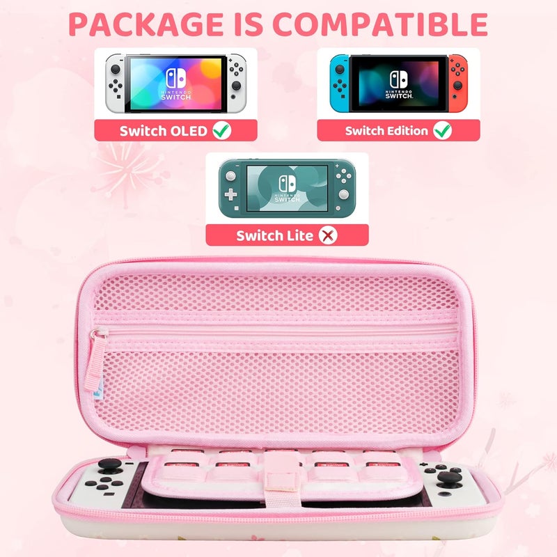 GLDRAM Pink Sakura Carrying Case Bundle for Nintendo Switch & OLED, Elegant Switch Travel Case Protector for Girls, Accessories Kit with Shoulder Strap, Cherry Blossom Game Card Holder & Thumb Caps - Image 4
