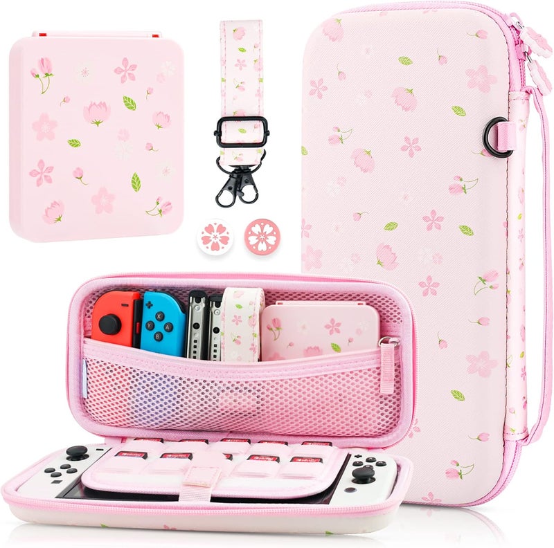 GLDRAM Pink Sakura Carrying Case Bundle for Nintendo Switch & OLED, Elegant Switch Travel Case Protector for Girls, Accessories Kit with Shoulder Strap, Cherry Blossom Game Card Holder & Thumb Caps - Image 1