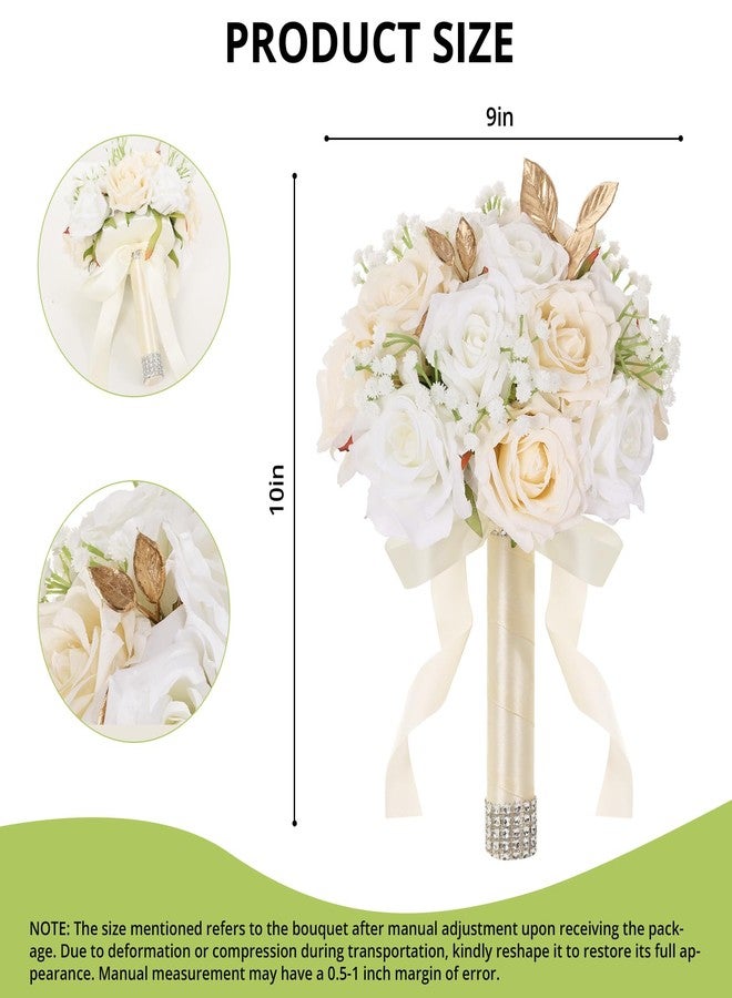 Qeedy Wedding Bouquets for Bride - Realistic Silk Flowers Artificial Roses, 9 Inch Bridesmaid Bouquet for Ceremony, Church, Anniversary, and Home Decoration (White & Champagne) - Image 3