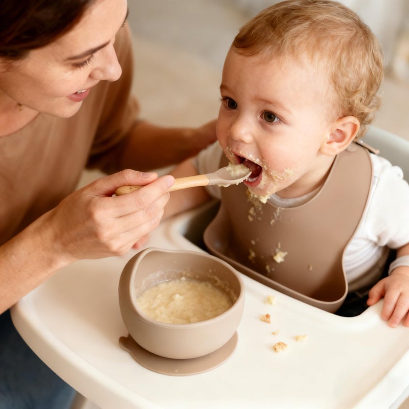Ginbear Baby Bowls with Suction, Silicone Bibs, Self Feeding Spoons, Led Weaning Supplies, Toddler Eating Set for Ages 6 Months+ (Almond) - Image 4