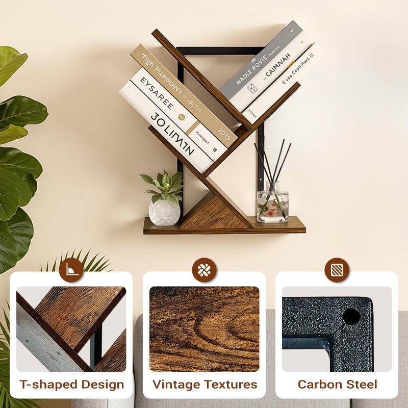 BESHIGH Tree Bookshelf 3 Tier Book shelves for Wall, Unique Hanging Bookshelf Wall Mounted Desk Bookshelves Organizer for Magazine/Books, Small Tree Bookshelf for Bedroom, Living Room Office, Rustic Brown - Image 5