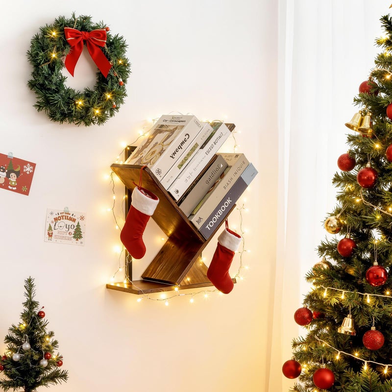 BESHIGH Tree Bookshelf 3 Tier Book shelves for Wall, Unique Hanging Bookshelf Wall Mounted Desk Bookshelves Organizer for Magazine/Books, Small Tree Bookshelf for Bedroom, Living Room Office, Rustic Brown - Image 2