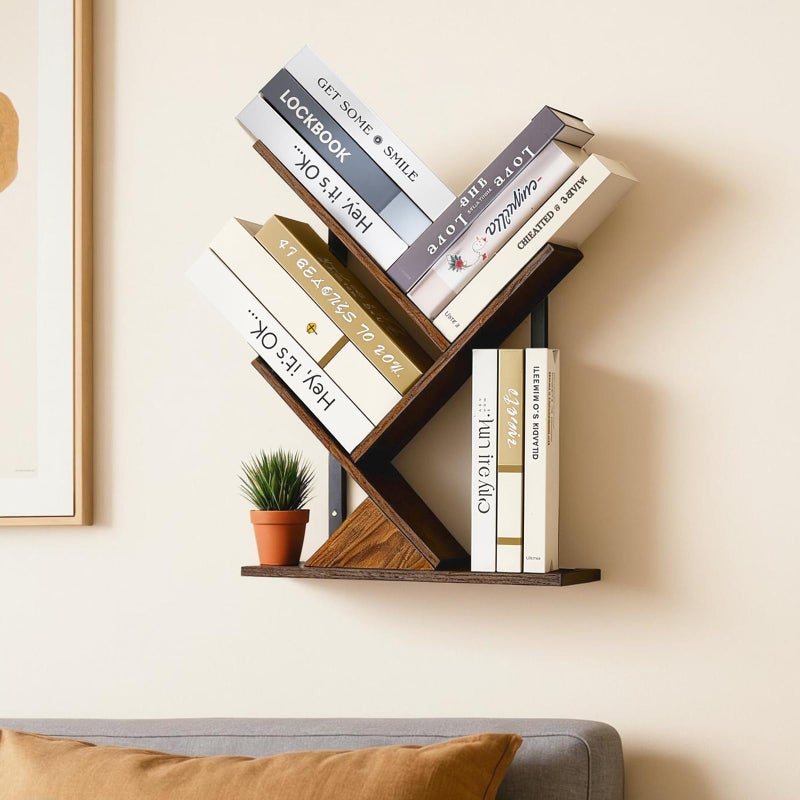 BESHIGH Tree Bookshelf 3 Tier Book shelves for Wall, Unique Hanging Bookshelf Wall Mounted Desk Bookshelves Organizer for Magazine/Books, Small Tree Bookshelf for Bedroom, Living Room Office, Rustic Brown - Image 1