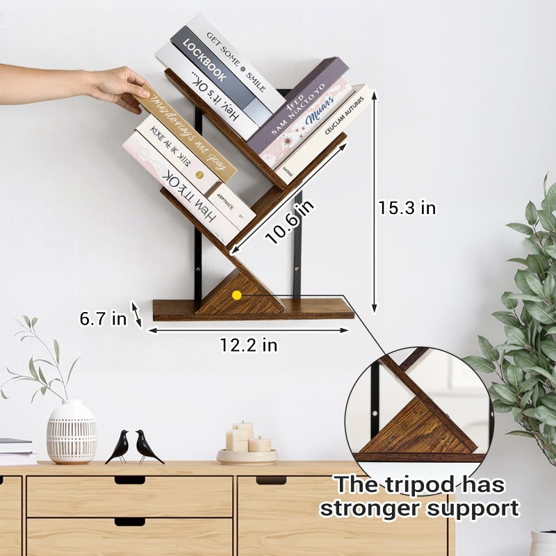 BESHIGH Tree Bookshelf 3 Tier Book shelves for Wall, Unique Hanging Bookshelf Wall Mounted Desk Bookshelves Organizer for Magazine/Books, Small Tree Bookshelf for Bedroom, Living Room Office, Rustic Brown - Image 3
