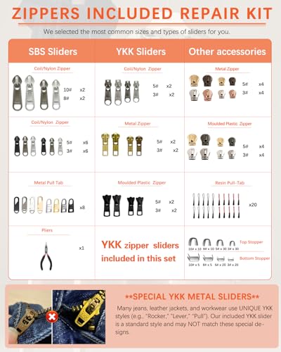 VICHERIA Universal Zipper Repair Kit 200 Pcs Fixes Common Zippers on Bags Jackets Luggage Includes 35810 YKKCompatible Sliders Check Compatibility in Images - Image 3