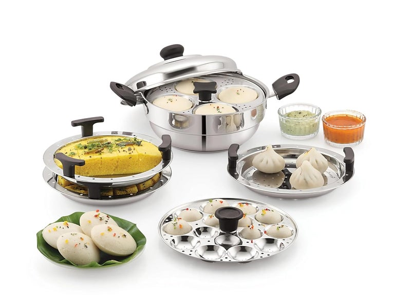 Sonu Stainless Steel Multi Kadhai Set 5Piece Idli Steamer with Triply Base Dhokla and Mini Idli Plates - Image 3