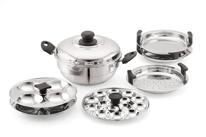 Sonu Stainless Steel Multi Kadhai Set 5Piece Idli Steamer with Triply Base Dhokla and Mini Idli Plates - Image 1