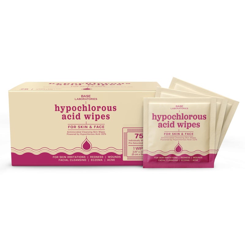 BASE LABORATORIES Hypochlorous Acid Wipes for Face Skin Facial Cleansing and Daily Skin Repair Hypochlorous Acid Wipes for Sensitive Skin Redness Irritations Eczema 75 Wipes