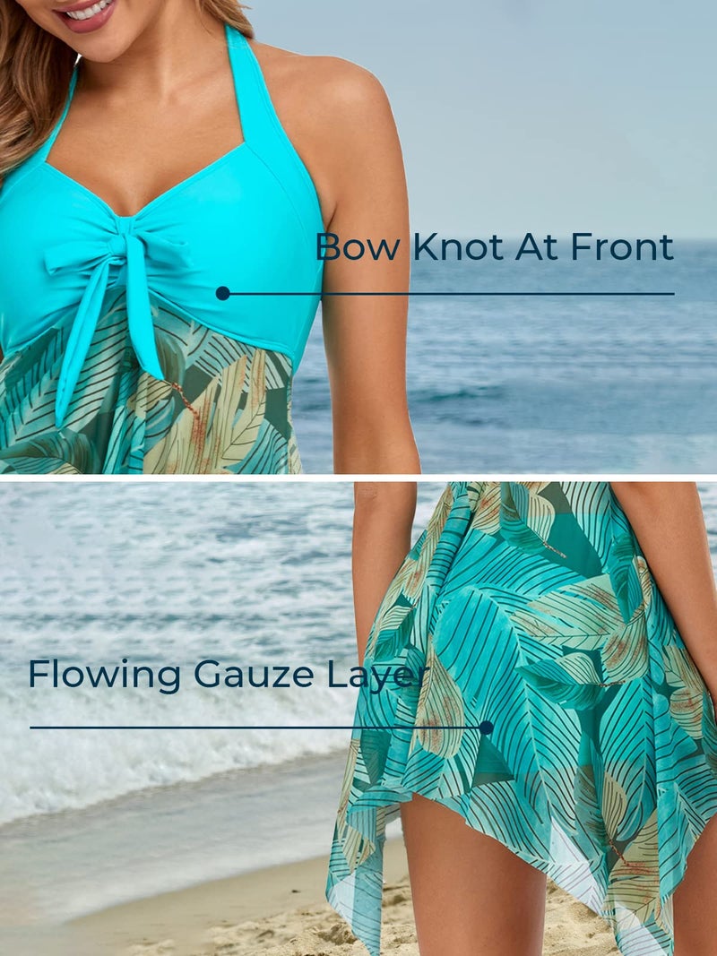 MiYang Women Tankini Swimdress with Boyshorts Two Piece V Neck Bowknot Halter Bathing Suit Dress Green Flower - Image 5