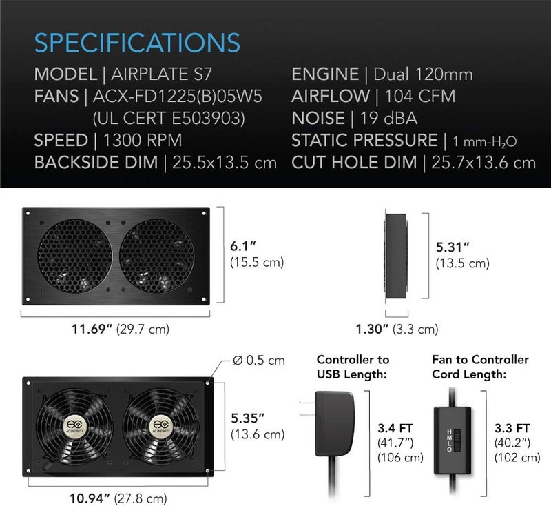 AC Infinity AIRPLATE S7, Quiet Cooling Fan System 12" with Speed Control, for Home Theater AV Cabinets - Image 5