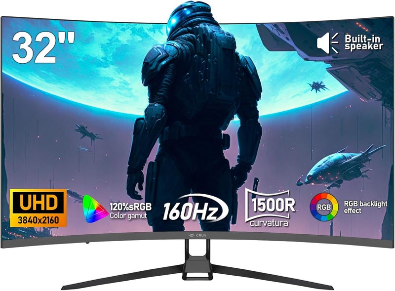 CRUA شاشة ألعاب 32 بوصة 4K 160Hz، دقة UHD (3840x2160) منحنية 1500R، FreeSync، سرعة 1ms (GTG)، 120% sRGB HDR، مكبر صوت مدمج، إضاءة خلفية RGB، مناسبة للألعاب الإلكترونية والأعمال والمكتب - Image 1