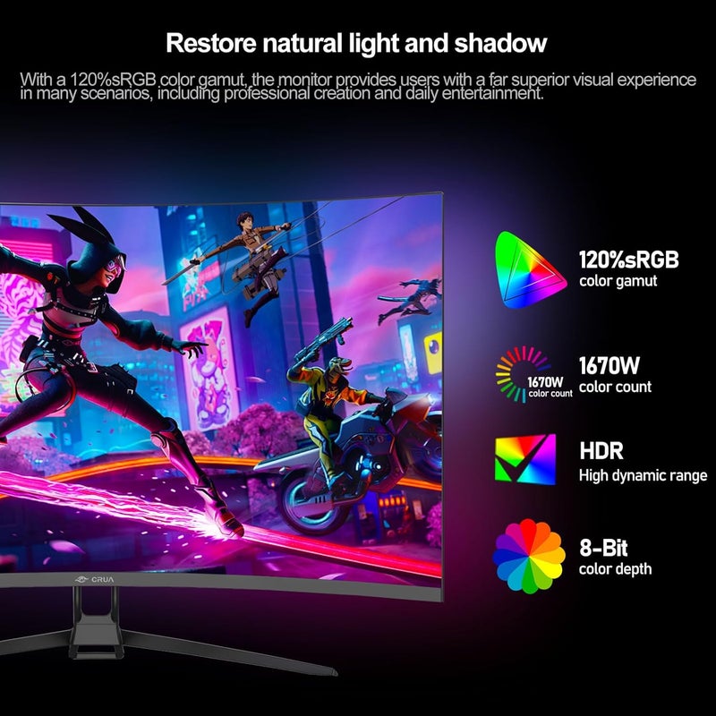 CRUA شاشة ألعاب 32 بوصة 4K 160Hz، دقة UHD (3840x2160) منحنية 1500R، FreeSync، سرعة 1ms (GTG)، 120% sRGB HDR، مكبر صوت مدمج، إضاءة خلفية RGB، مناسبة للألعاب الإلكترونية والأعمال والمكتب - Image 4