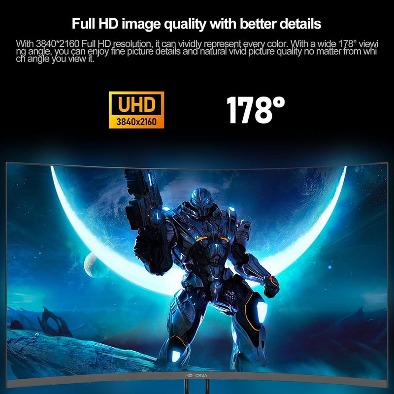 CRUA شاشة ألعاب 32 بوصة 4K 160Hz، دقة UHD (3840x2160) منحنية 1500R، FreeSync، سرعة 1ms (GTG)، 120% sRGB HDR، مكبر صوت مدمج، إضاءة خلفية RGB، مناسبة للألعاب الإلكترونية والأعمال والمكتب - Image 2