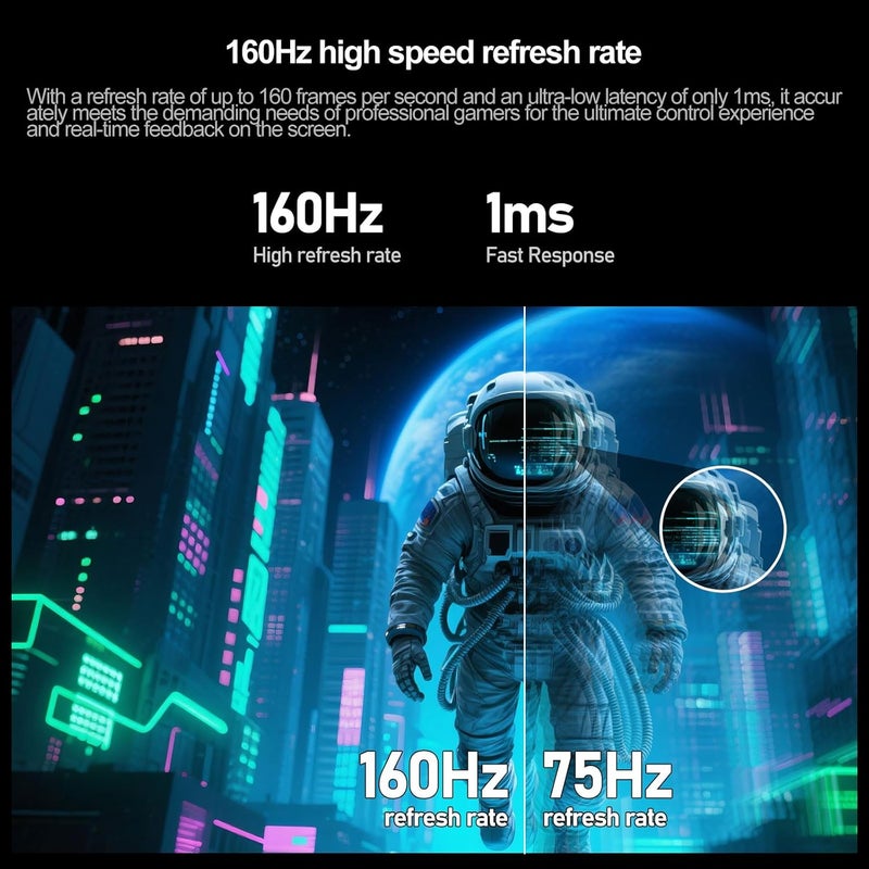 CRUA شاشة ألعاب 32 بوصة 4K 160Hz، دقة UHD (3840x2160) منحنية 1500R، FreeSync، سرعة 1ms (GTG)، 120% sRGB HDR، مكبر صوت مدمج، إضاءة خلفية RGB، مناسبة للألعاب الإلكترونية والأعمال والمكتب - Image 3