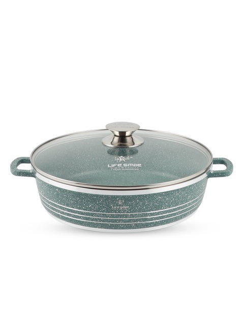 32cm (6.5 Liter)Shallow Pot with Lid | Non Stick PFOA FREE Granite Coating Double Handle Frying Pan, Low Cooking Pot Non Stick Soup Pot | Oven Safe Grey