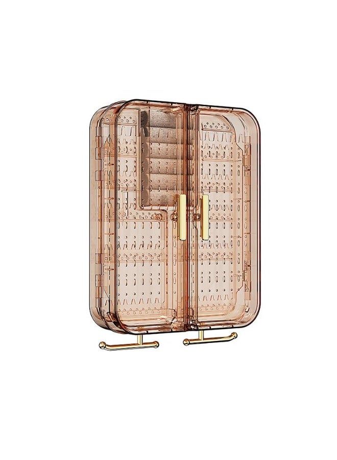 منظم مجوهرات حائطي - حامل أقراط قابل للطي بأربعة أقسام، لا يُثقب، للقلائد والخواتم والأساور | حامل مجوهرات حائطي للنساء والفتيات (بني) - Image 1