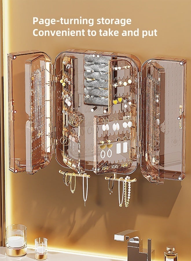 منظم مجوهرات حائطي - حامل أقراط قابل للطي بأربعة أقسام، لا يُثقب، للقلائد والخواتم والأساور | حامل مجوهرات حائطي للنساء والفتيات (بني) - Image 2