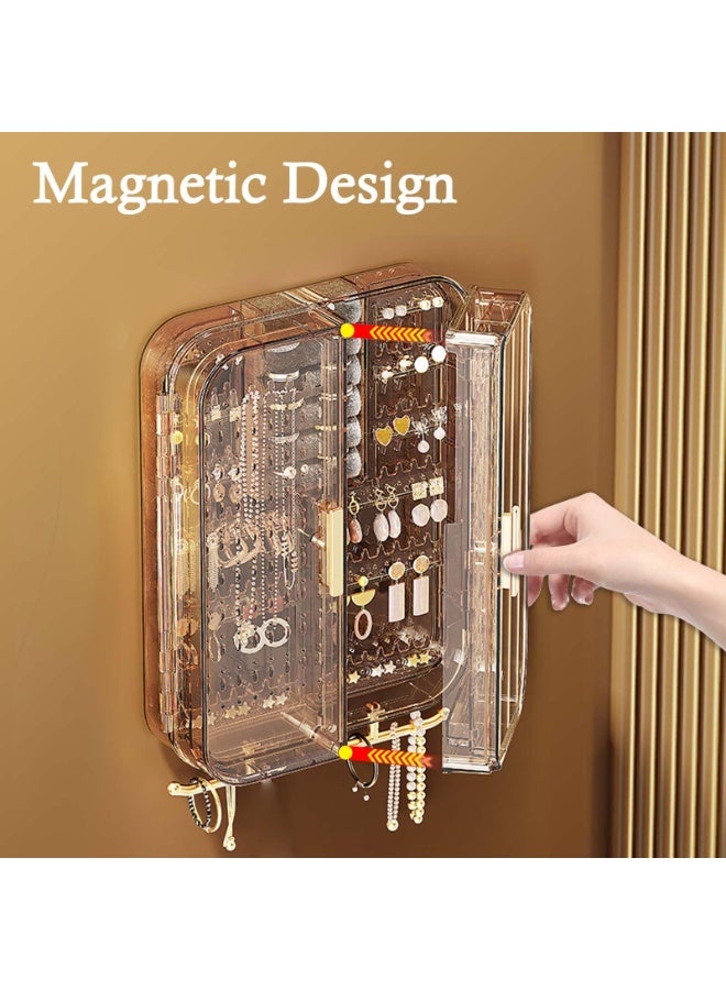 منظم مجوهرات حائطي - حامل أقراط قابل للطي بأربعة أقسام، لا يُثقب، للقلائد والخواتم والأساور | حامل مجوهرات حائطي للنساء والفتيات (بني) - Image 5
