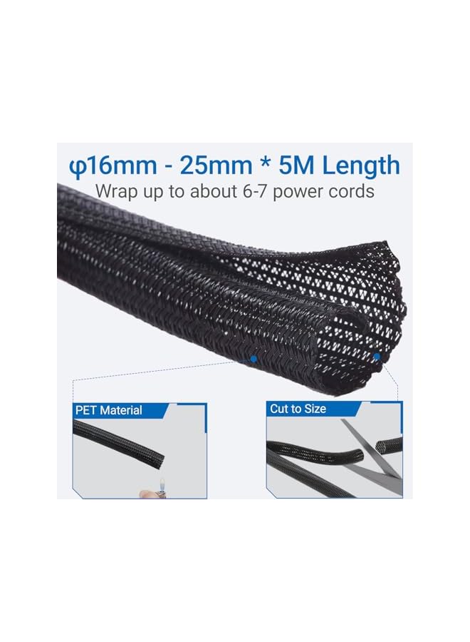 promass 5M Cable Management Cord Organizer 16mm, 16ft 2/3 inch Cable Sleeves Wire Organizer for Computer TV Home Cable Protector Cover (Black) - Image 2