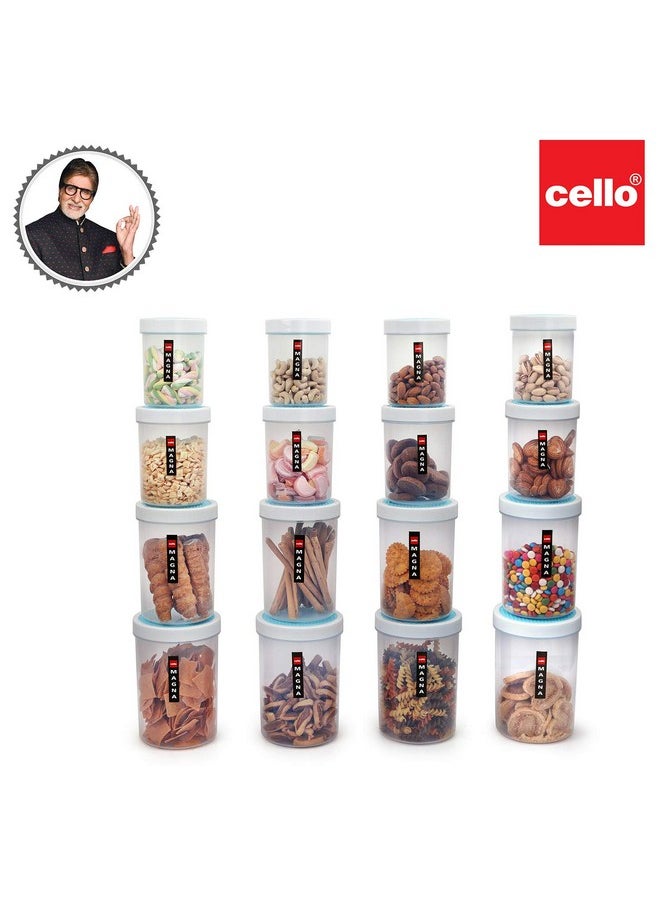 Cello - CELLO Plastic Magna Container Set of 16 (500ml x 4, 750ml x4, 1000ml x 4, 1700ml x 4) Blue and White | Plastic Container Set for Kitchen | Storage Jars for Grains, Pulses, Condiments, Snack - Image 1