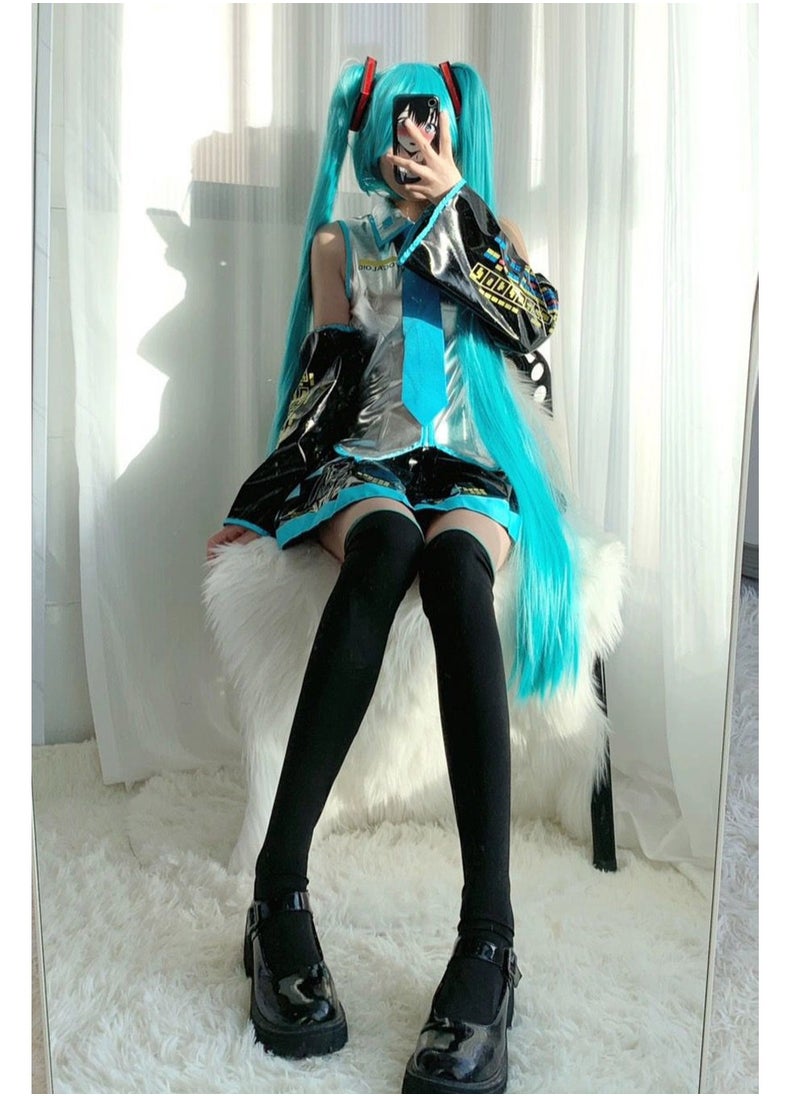 General - Hatsune Miku Cosplay Costume - Official Miku Outfit in Silver Glossy Leather, Japanese Schoolgirl (JK) Style, Pure and Elegant Anime Cosplay Set - Image 1