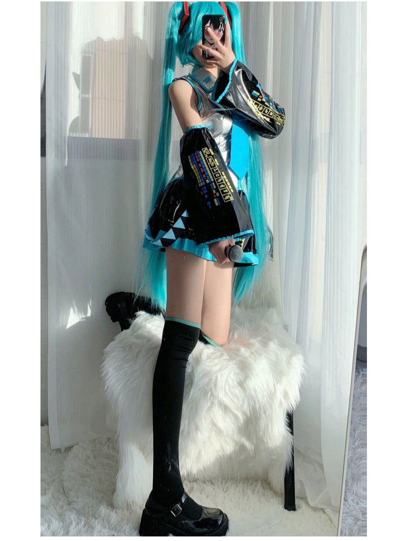 General - Hatsune Miku Cosplay Costume - Official Miku Outfit in Silver Glossy Leather, Japanese Schoolgirl (JK) Style, Pure and Elegant Anime Cosplay Set - Image 1