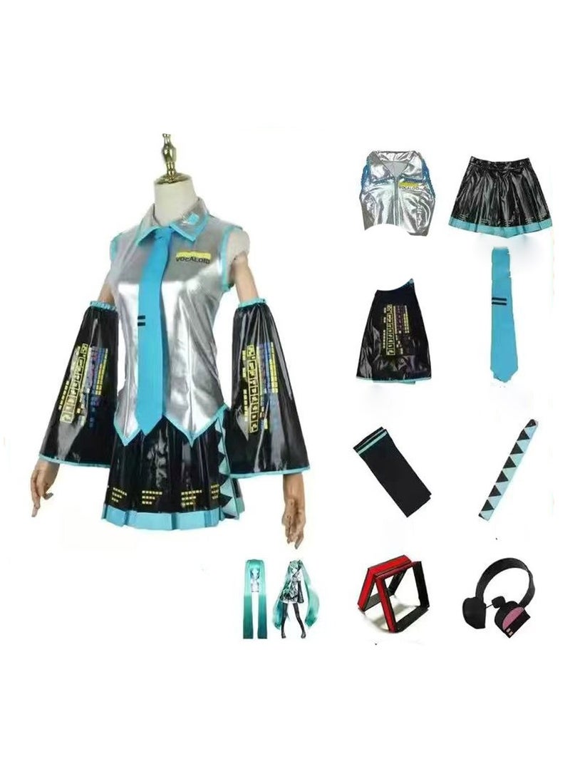 General - Hatsune Miku Cosplay Costume - Official Miku Outfit in Silver Glossy Leather, Japanese Schoolgirl (JK) Style, Pure and Elegant Anime Cosplay Set - Image 1