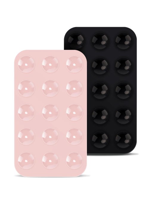 2 Pack Silicone Suction Phone Case, Double Sided Suction Cup, Anti-Slip Hands-Free Mobile Accessory Holder, Suitable for Videos and Selfies (Black, Light Pink)