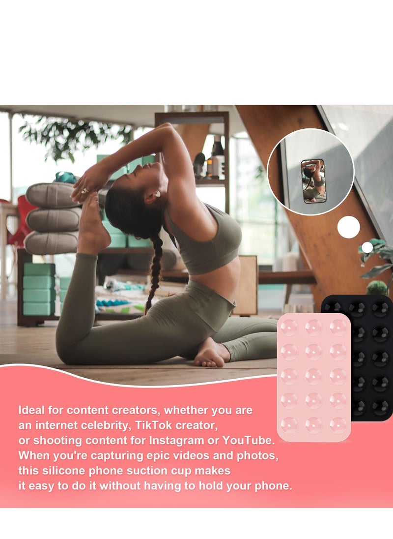2 Pack Silicone Suction Phone Case, Double Sided Suction Cup, Anti-Slip Hands-Free Mobile Accessory Holder, Suitable for Videos and Selfies (Black, Light Pink)
