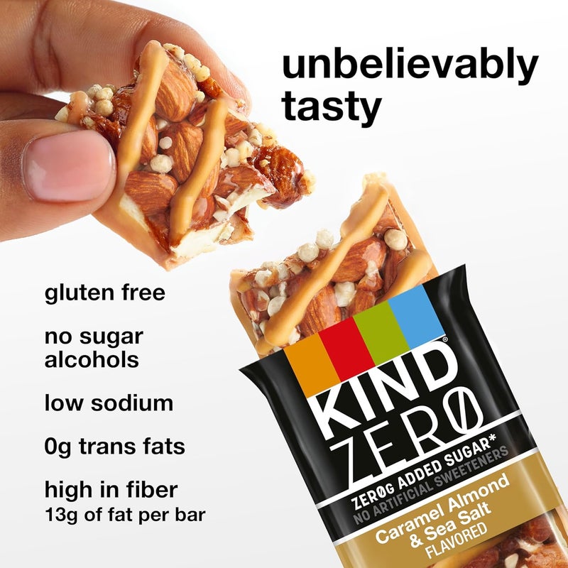 KIND ZERO Added Sugar Bars Variety Pack - Dark Chocolate Nuts & Sea Salt, Caramel Almond & Sea Salt, Peanut Butter Dark Chocolate - Keto Friendly, Gluten Free, 15 Count - Image 4