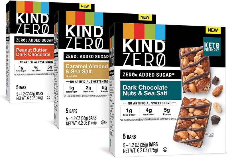 KIND ZERO Added Sugar Bars Variety Pack - Dark Chocolate Nuts & Sea Salt, Caramel Almond & Sea Salt, Peanut Butter Dark Chocolate - Keto Friendly, Gluten Free, 15 Count - Image 1