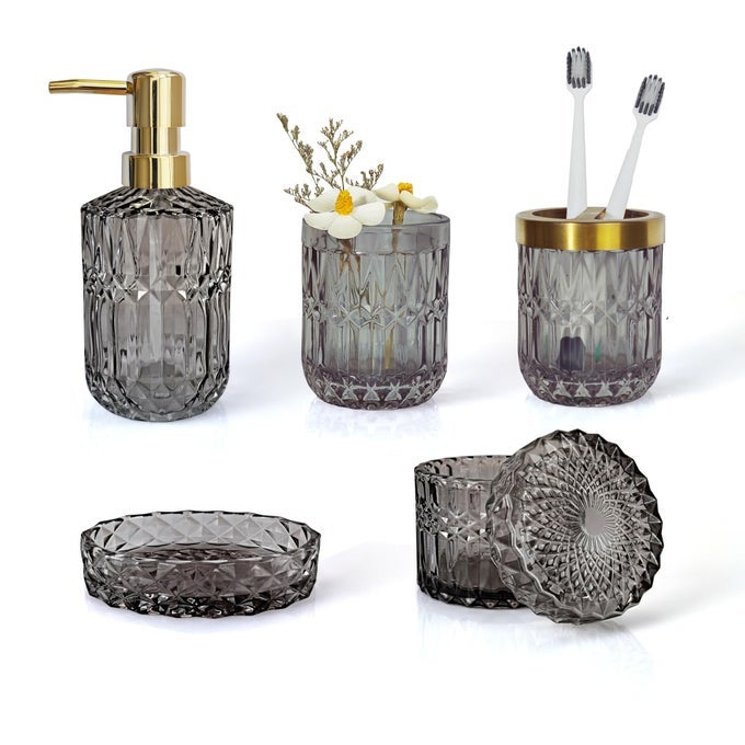 GRAY GLASS BATHROOM ACCESSORIES SET 5PCS GRAY BLACK BATHROOM SET SOAP DISPENSER SOAP DISH TOOTHBRUSH HOLDER SET COTTON SWAB JAR ELEGANT GOLD ACCENT FOR BATH COUNTERTOP VINTAGE DECOR