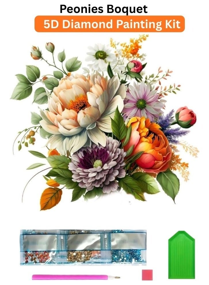 Diamond Painting Kit 5D Diamond Art Set for Kids & Adults DIY Wall Decor Craft,  Peonies Boquet Design, Acrylic Diamonds, Adhesive Canvas with Wooden Frame, Relaxing Hobby Art Kit, 20x20 cm - Image 1
