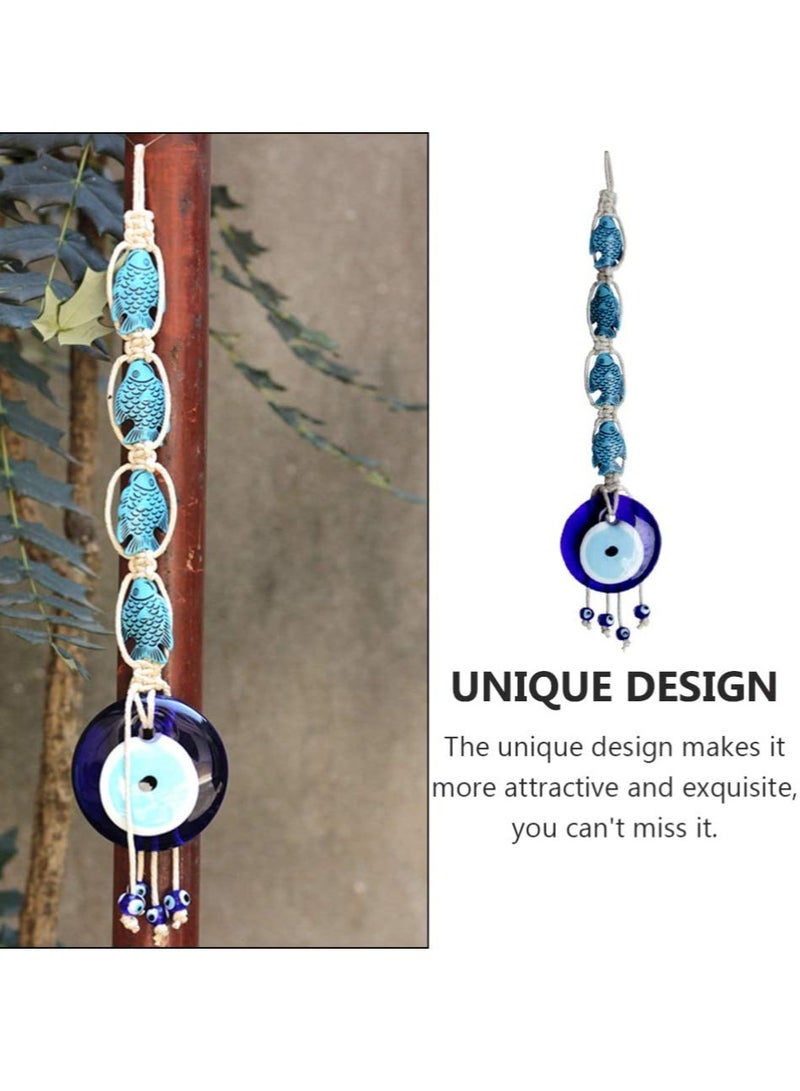 SYOSI Turkish Blue Evil Eye Wall Hanging Ornament Lucky Fish Glass Nazar Beads Wall Decor Decorative Cotton Rope Beads Garland Pendant Wall Art for Home Office Protection  - Image 1