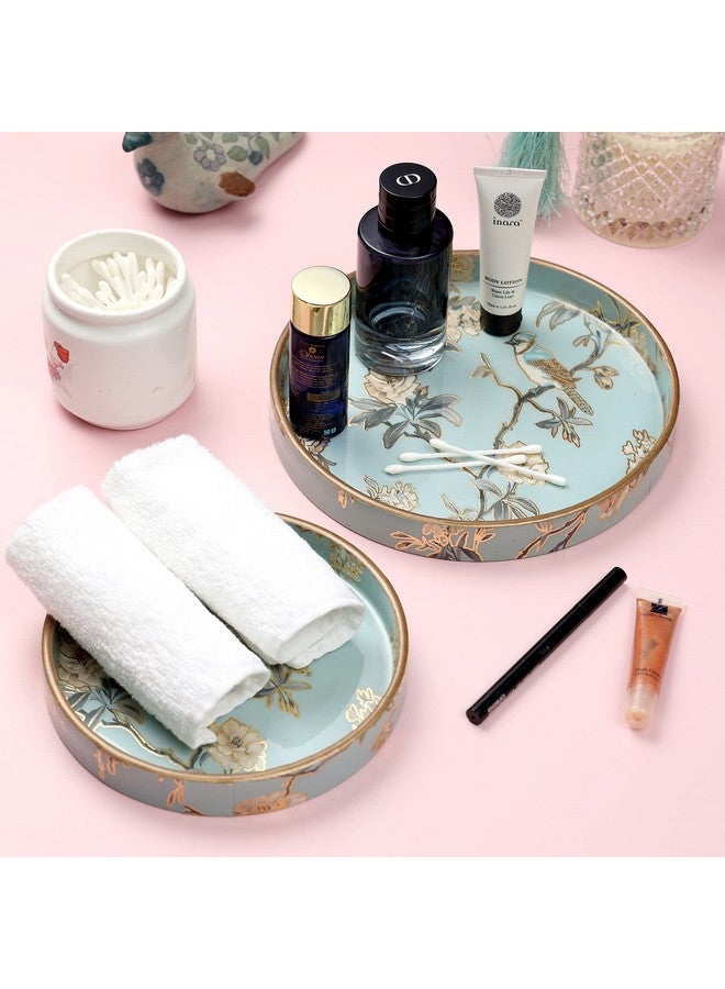 DULI Set of 2 MDF Wood Trays Enamel Coated| Round Wooden Serving Trays | Kitchen&Dining Decorative | Resin Tray | Handmade | 7x7 & 9x9 inches (Setof2Round: AquaGoldBirds) - Image 2