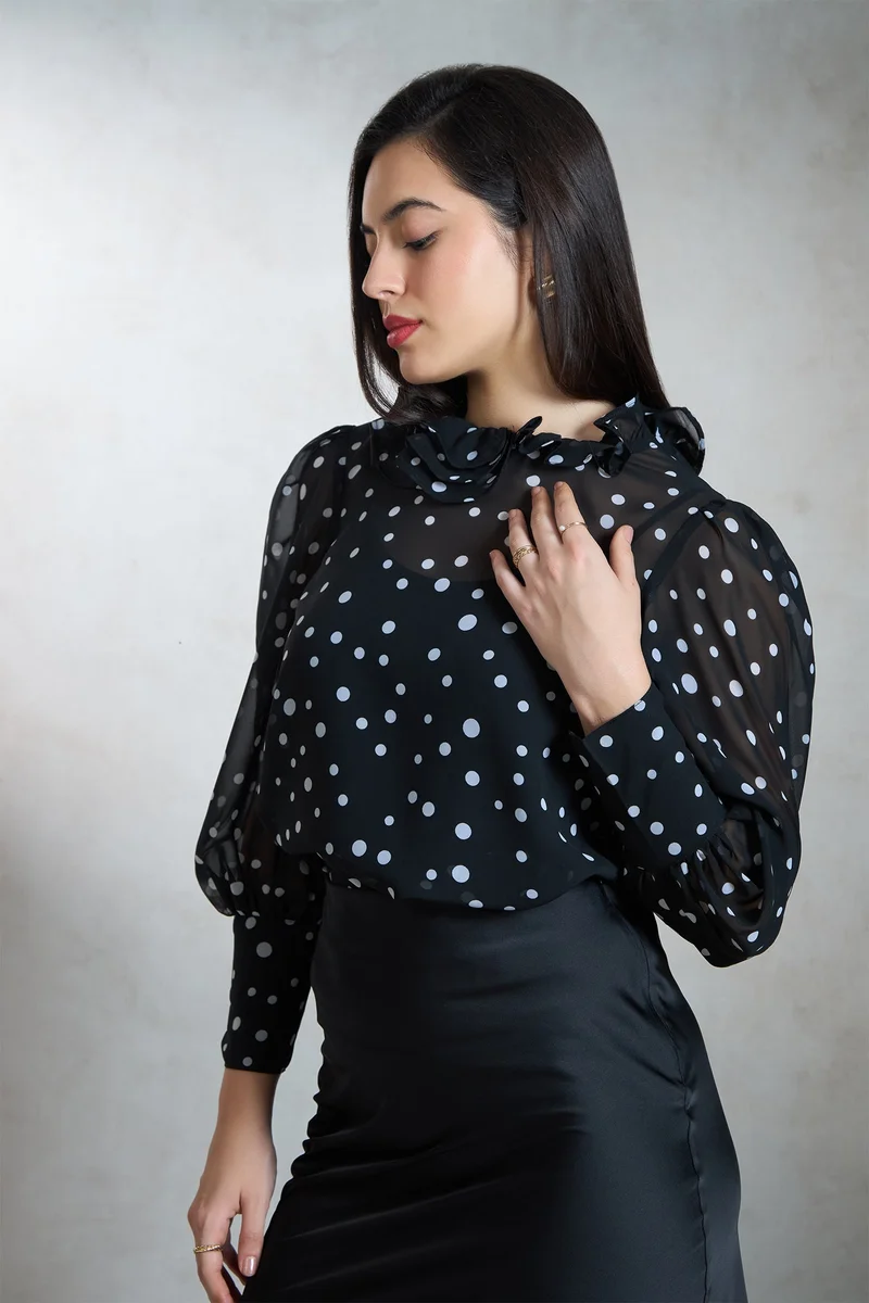 Virgio VIRGIO Georgette Polka Top With Ruffle Neck
