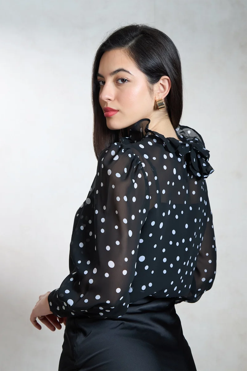 Virgio VIRGIO Georgette Polka Top With Ruffle Neck
