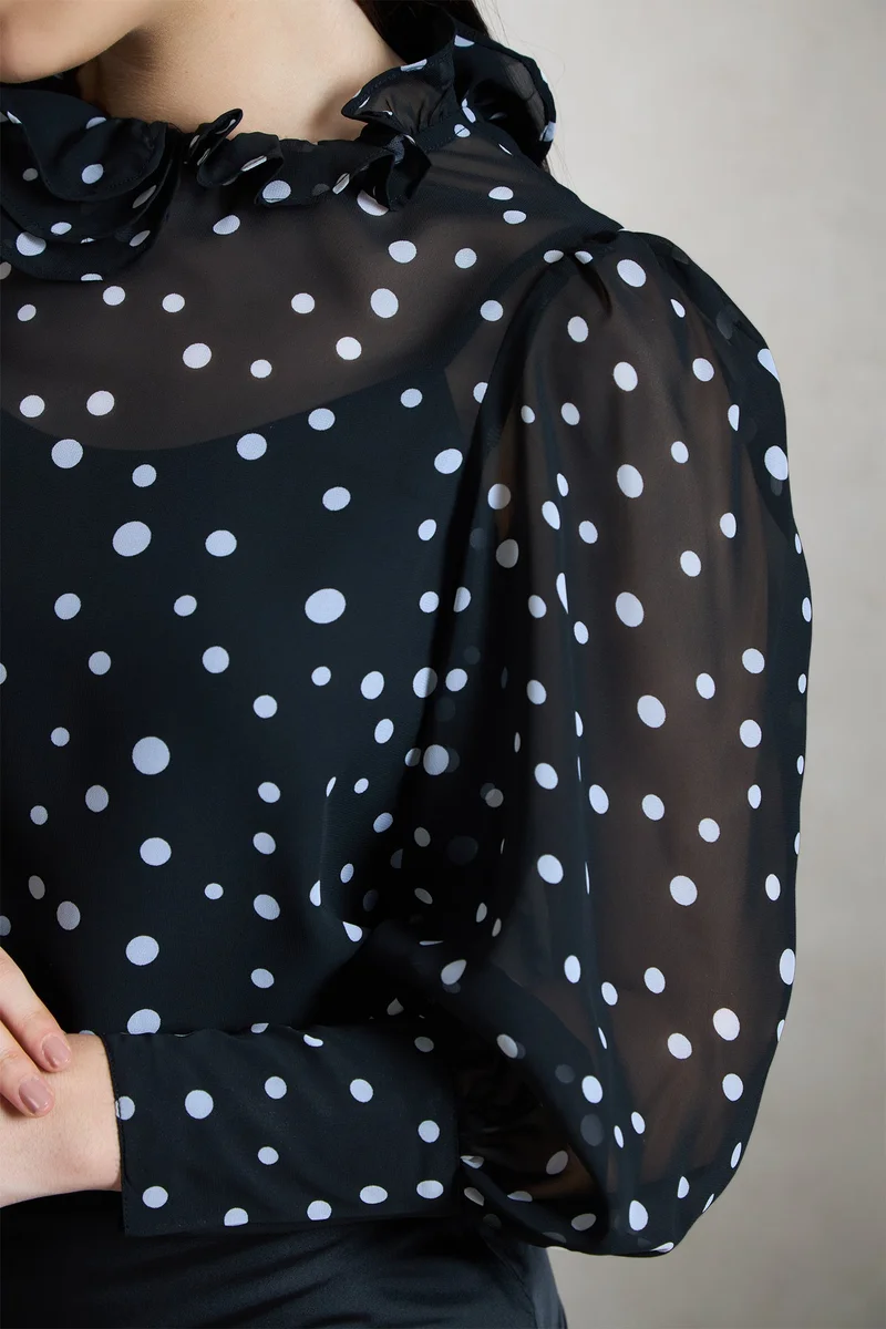 Virgio VIRGIO Georgette Polka Top With Ruffle Neck