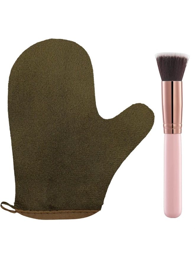 BOLITFU 2 Pack Self Tanning Mitt Applicator Kit Set, Self Tanning Glove and Self Tanner Flat Top Brush, Tan Applicator for Sunless Self Tan (Bronze)  - Image 1