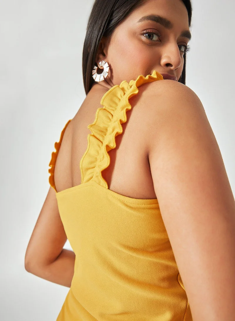 The Label Life The Label Life Women's Ruffle Strap Square Neck Sleeveless Top - Mustard, Yellow