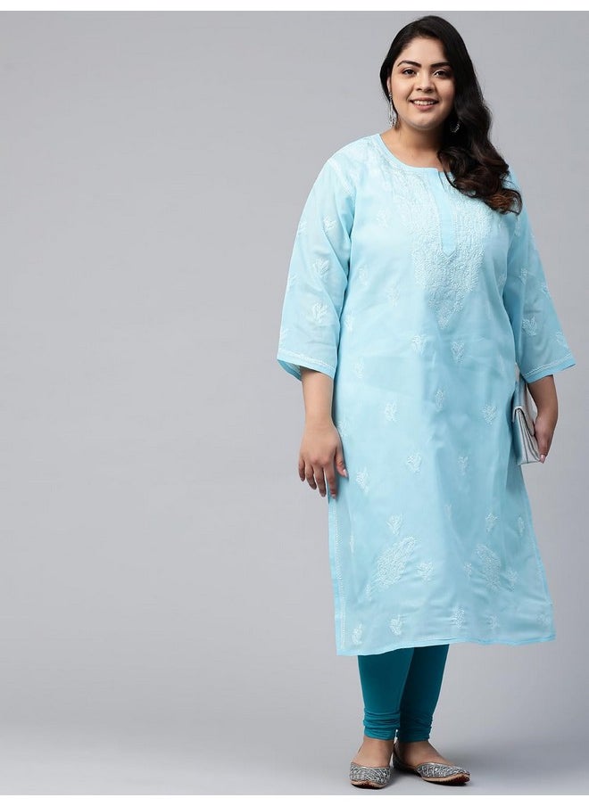 ADA - Ada Hand Embroidered Lucknowi Chikankari Straight Cotton Kurta Kurti for Women A133664 Blue (XL) - Image 1