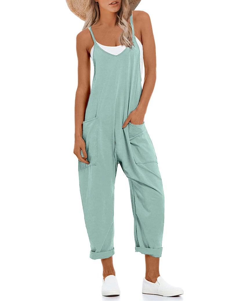Lentta Women's Causal Jumpsuits V Neck Sleeveless Harem Overalls Stretchy Adjustable Strap Romper with Pockets(Teal-S) - Image 1