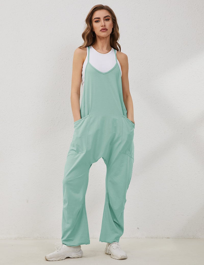 Lentta Women's Causal Jumpsuits V Neck Sleeveless Harem Overalls Stretchy Adjustable Strap Romper with Pockets(Teal-S) - Image 4