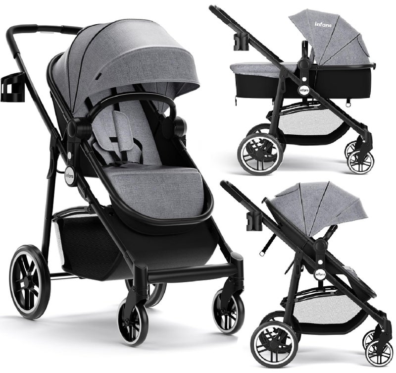 INFANS 2 in 1 Baby Stroller, High Landscape Infant Stroller & Reversible Bassinet Pram, Foldable Pushchair with Adjustable Canopy, Cup Holder, Storage Basket, Suspension Wheels (Grey) - Image 1