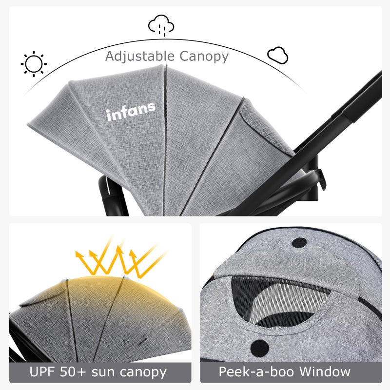 INFANS 2 in 1 Baby Stroller, High Landscape Infant Stroller & Reversible Bassinet Pram, Foldable Pushchair with Adjustable Canopy, Cup Holder, Storage Basket, Suspension Wheels (Grey) - Image 5
