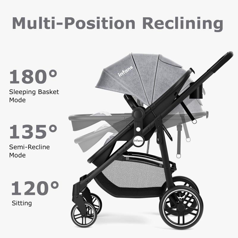 INFANS 2 in 1 Baby Stroller, High Landscape Infant Stroller & Reversible Bassinet Pram, Foldable Pushchair with Adjustable Canopy, Cup Holder, Storage Basket, Suspension Wheels (Grey) - Image 4